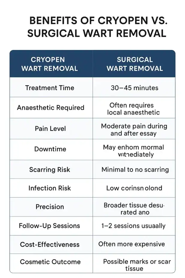 Table showing the benefits of cryopen to remove warts Milton Keynes compared to surgical treatment